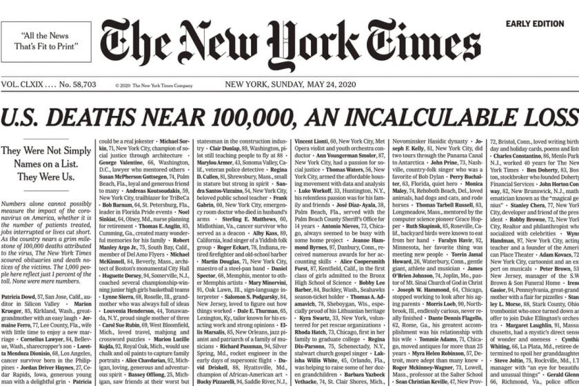 Στο πρωτοσέλιδο των New York Times, “1000 λέξεις” ήταν πιο δυνατές κι από την πιο συγκλονιστική εικόνα της πανδημίας